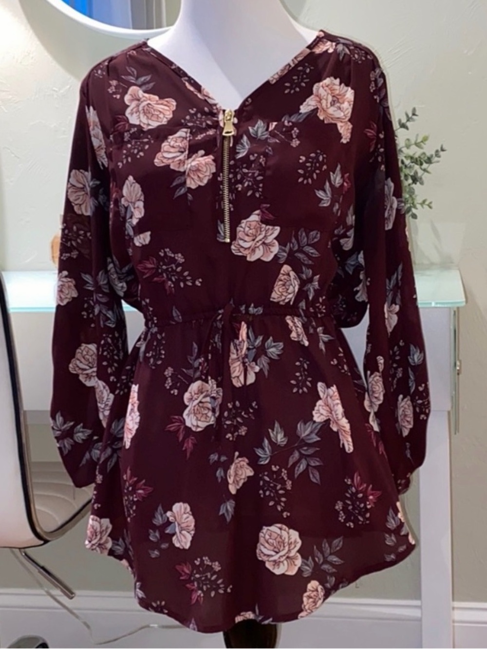 Stella Tweed Burgundy Tunic with Pink Floral Print
